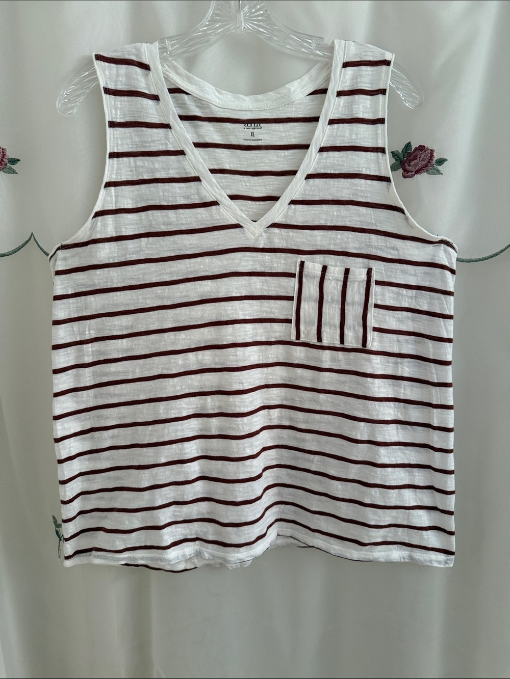 Anna White Tank Top with Brown Stripes and Front Pocket